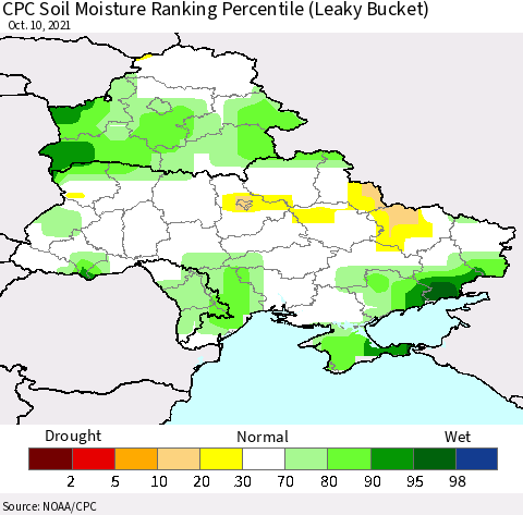 Ukraine, Moldova and Belarus CPC Soil Moisture Ranking Percentile (Leaky Bucket) Thematic Map For 10/6/2021 - 10/10/2021