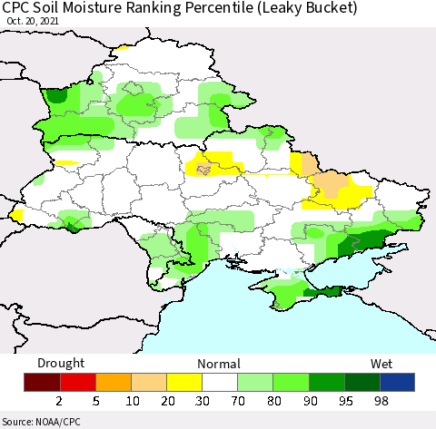 Ukraine, Moldova and Belarus CPC Soil Moisture Ranking Percentile (Leaky Bucket) Thematic Map For 10/16/2021 - 10/20/2021