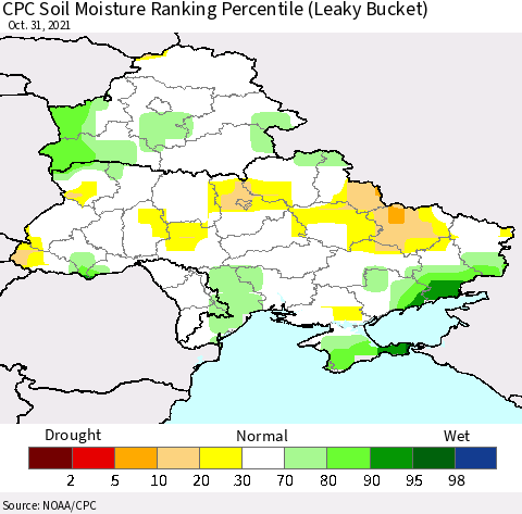 Ukraine, Moldova and Belarus CPC Soil Moisture Ranking Percentile (Leaky Bucket) Thematic Map For 10/26/2021 - 10/31/2021