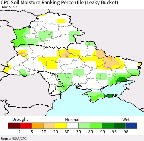 Ukraine, Moldova and Belarus CPC Soil Moisture Ranking Percentile (Leaky Bucket) Thematic Map For 11/1/2021 - 11/5/2021
