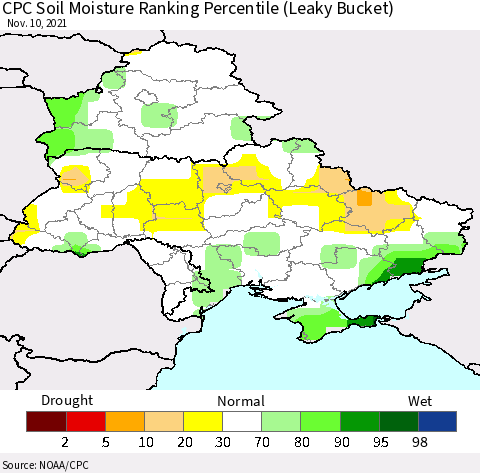 Ukraine, Moldova and Belarus CPC Soil Moisture Ranking Percentile (Leaky Bucket) Thematic Map For 11/6/2021 - 11/10/2021