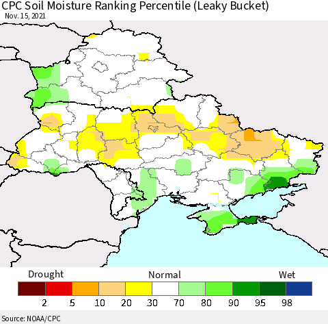 Ukraine, Moldova and Belarus CPC Soil Moisture Ranking Percentile Thematic Map For 11/11/2021 - 11/15/2021
