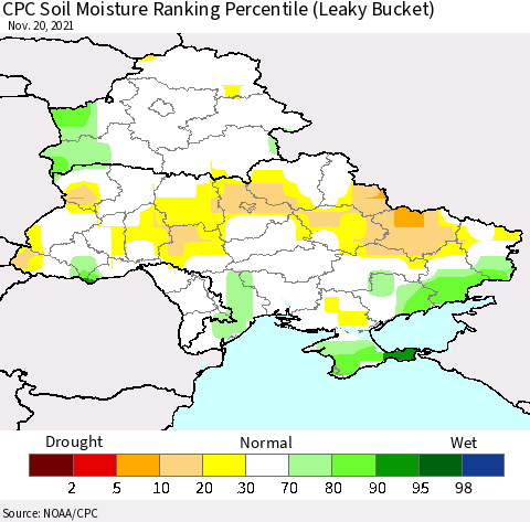 Ukraine, Moldova and Belarus CPC Calculated Soil Moisture Ranking Percentile Thematic Map For 11/16/2021 - 11/20/2021