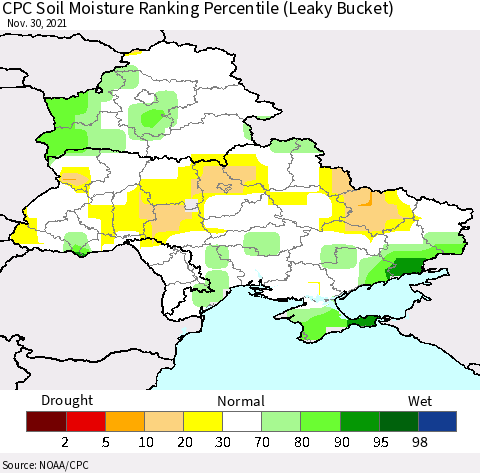 Ukraine, Moldova and Belarus CPC Soil Moisture Ranking Percentile (Leaky Bucket) Thematic Map For 11/26/2021 - 11/30/2021