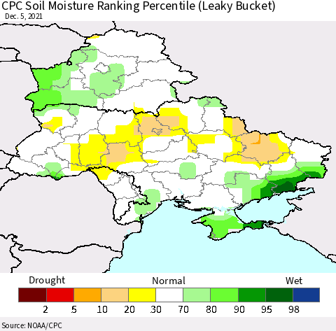 Ukraine, Moldova and Belarus CPC Calculated Soil Moisture Ranking Percentile Thematic Map For 12/1/2021 - 12/5/2021