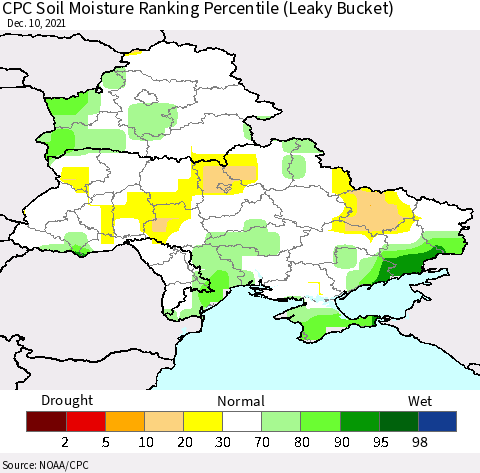 Ukraine, Moldova and Belarus CPC Soil Moisture Ranking Percentile (Leaky Bucket) Thematic Map For 12/6/2021 - 12/10/2021