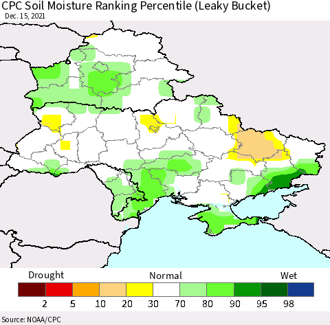 Ukraine, Moldova and Belarus CPC Soil Moisture Ranking Percentile Thematic Map For 12/11/2021 - 12/15/2021