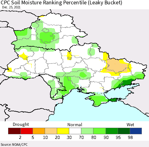 Ukraine, Moldova and Belarus CPC Calculated Soil Moisture Ranking Percentile Thematic Map For 12/21/2021 - 12/25/2021