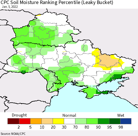 Ukraine, Moldova and Belarus CPC Soil Moisture Ranking Percentile (Leaky Bucket) Thematic Map For 1/1/2022 - 1/5/2022