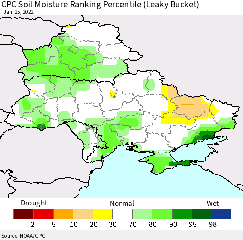 Ukraine, Moldova and Belarus CPC Soil Moisture Ranking Percentile Thematic Map For 1/21/2022 - 1/25/2022