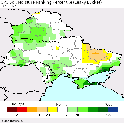 Ukraine, Moldova and Belarus CPC Soil Moisture Ranking Percentile Thematic Map For 2/1/2022 - 2/5/2022