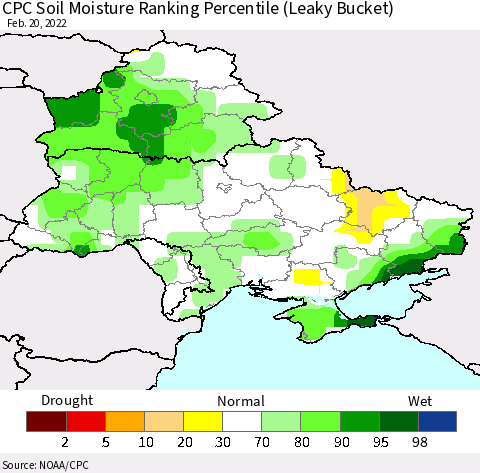 Ukraine, Moldova and Belarus CPC Soil Moisture Ranking Percentile Thematic Map For 2/16/2022 - 2/20/2022