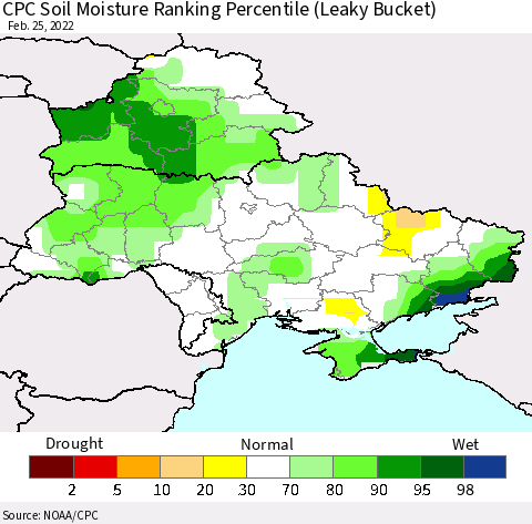 Ukraine, Moldova and Belarus CPC Soil Moisture Ranking Percentile (Leaky Bucket) Thematic Map For 2/21/2022 - 2/25/2022