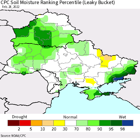 Ukraine, Moldova and Belarus CPC Calculated Soil Moisture Ranking Percentile Thematic Map For 2/26/2022 - 2/28/2022