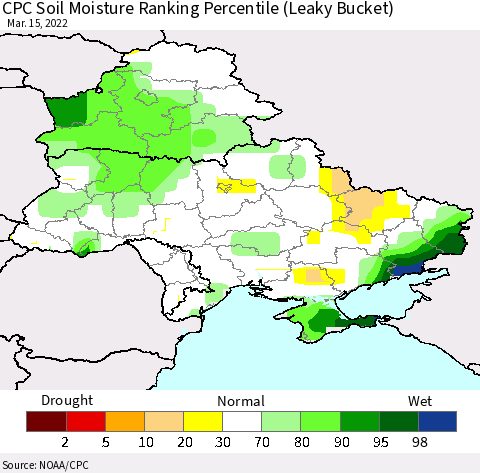 Ukraine, Moldova and Belarus CPC Calculated Soil Moisture Ranking Percentile Thematic Map For 3/11/2022 - 3/15/2022