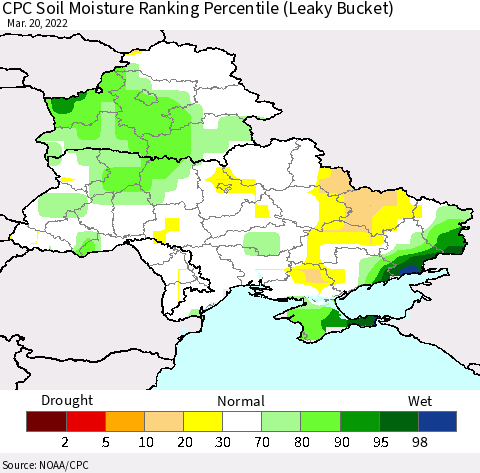 Ukraine, Moldova and Belarus CPC Soil Moisture Ranking Percentile (Leaky Bucket) Thematic Map For 3/16/2022 - 3/20/2022