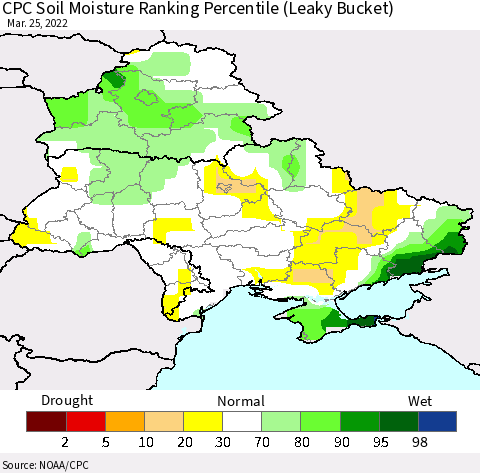 Ukraine, Moldova and Belarus CPC Soil Moisture Ranking Percentile Thematic Map For 3/21/2022 - 3/25/2022