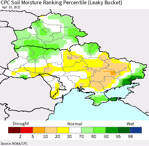 Ukraine, Moldova and Belarus CPC Soil Moisture Ranking Percentile (Leaky Bucket) Thematic Map For 4/6/2022 - 4/10/2022