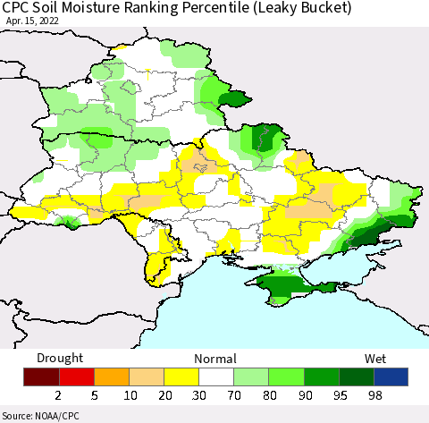 Ukraine, Moldova and Belarus CPC Soil Moisture Ranking Percentile (Leaky Bucket) Thematic Map For 4/11/2022 - 4/15/2022