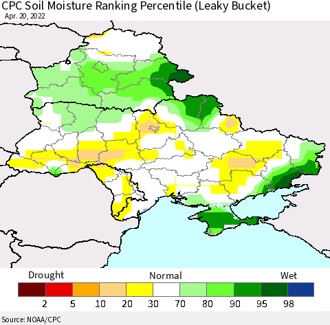 Ukraine, Moldova and Belarus CPC Soil Moisture Ranking Percentile Thematic Map For 4/16/2022 - 4/20/2022