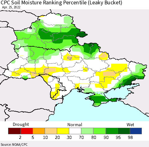 Ukraine, Moldova and Belarus CPC Calculated Soil Moisture Ranking Percentile Thematic Map For 4/21/2022 - 4/25/2022