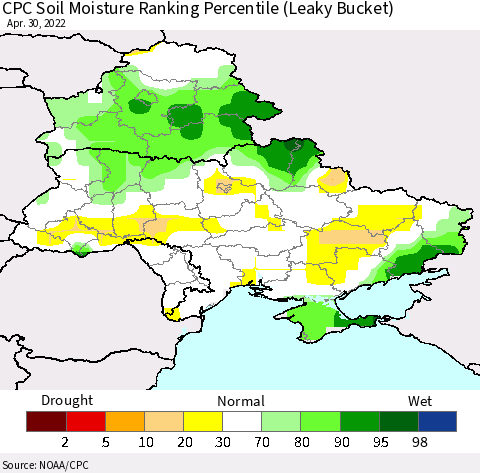 Ukraine, Moldova and Belarus CPC Calculated Soil Moisture Ranking Percentile Thematic Map For 4/26/2022 - 4/30/2022