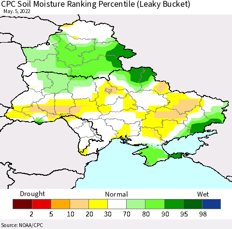 Ukraine, Moldova and Belarus CPC Soil Moisture Ranking Percentile (Leaky Bucket) Thematic Map For 5/1/2022 - 5/5/2022