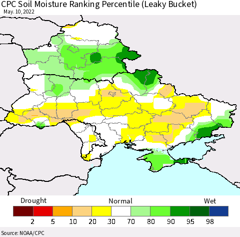 Ukraine, Moldova and Belarus CPC Calculated Soil Moisture Ranking Percentile Thematic Map For 5/6/2022 - 5/10/2022