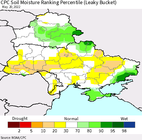 Ukraine, Moldova and Belarus CPC Calculated Soil Moisture Ranking Percentile Thematic Map For 5/16/2022 - 5/20/2022