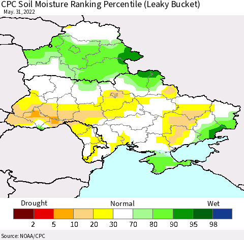 Ukraine, Moldova and Belarus CPC Calculated Soil Moisture Ranking Percentile Thematic Map For 5/26/2022 - 5/31/2022