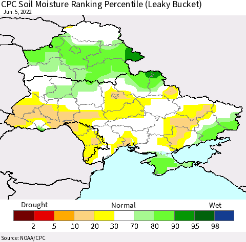 Ukraine, Moldova and Belarus CPC Calculated Soil Moisture Ranking Percentile Thematic Map For 6/1/2022 - 6/5/2022