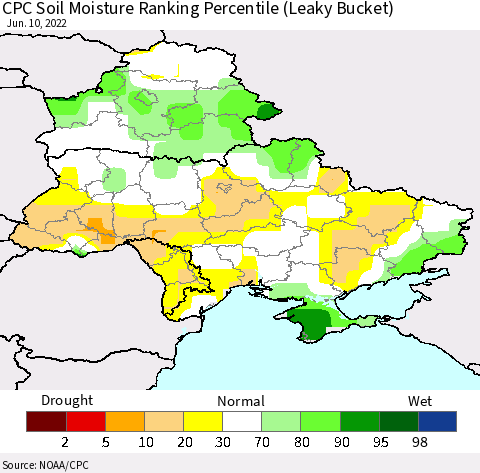 Ukraine, Moldova and Belarus CPC Soil Moisture Ranking Percentile (Leaky Bucket) Thematic Map For 6/6/2022 - 6/10/2022