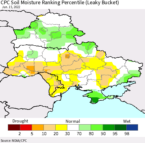 Ukraine, Moldova and Belarus CPC Soil Moisture Ranking Percentile (Leaky Bucket) Thematic Map For 6/11/2022 - 6/15/2022