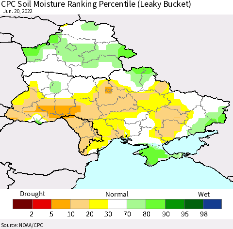 Ukraine, Moldova and Belarus CPC Calculated Soil Moisture Ranking Percentile Thematic Map For 6/16/2022 - 6/20/2022