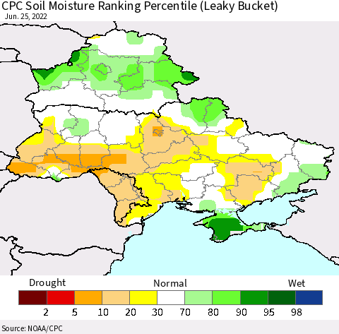 Ukraine, Moldova and Belarus CPC Soil Moisture Ranking Percentile Thematic Map For 6/21/2022 - 6/25/2022