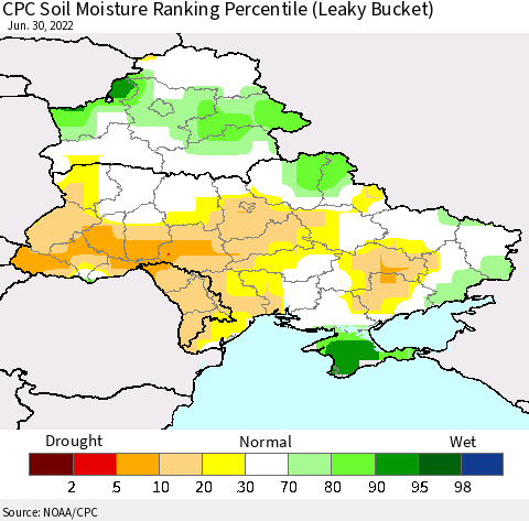 Ukraine, Moldova and Belarus CPC Soil Moisture Ranking Percentile (Leaky Bucket) Thematic Map For 6/26/2022 - 6/30/2022