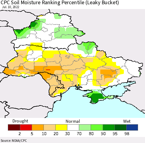 Ukraine, Moldova and Belarus CPC Soil Moisture Ranking Percentile (Leaky Bucket) Thematic Map For 7/6/2022 - 7/10/2022