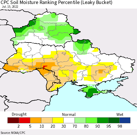 Ukraine, Moldova and Belarus CPC Calculated Soil Moisture Ranking Percentile Thematic Map For 7/11/2022 - 7/15/2022