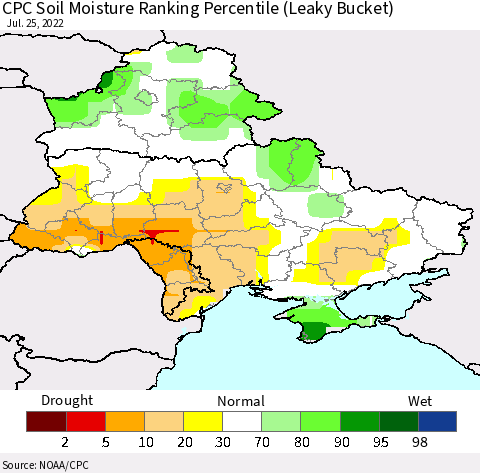 Ukraine, Moldova and Belarus CPC Soil Moisture Ranking Percentile (Leaky Bucket) Thematic Map For 7/21/2022 - 7/25/2022