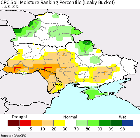 Ukraine, Moldova and Belarus CPC Calculated Soil Moisture Ranking Percentile Thematic Map For 7/26/2022 - 7/31/2022