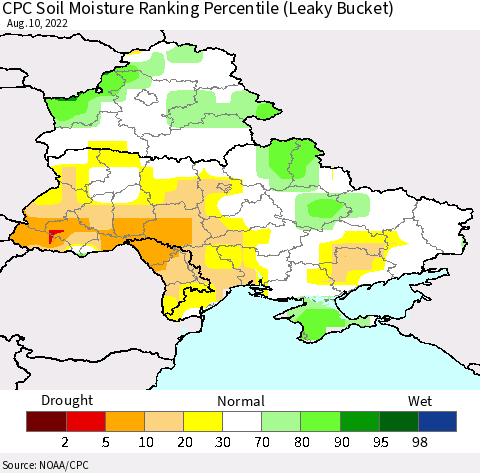 Ukraine, Moldova and Belarus CPC Soil Moisture Ranking Percentile (Leaky Bucket) Thematic Map For 8/6/2022 - 8/10/2022
