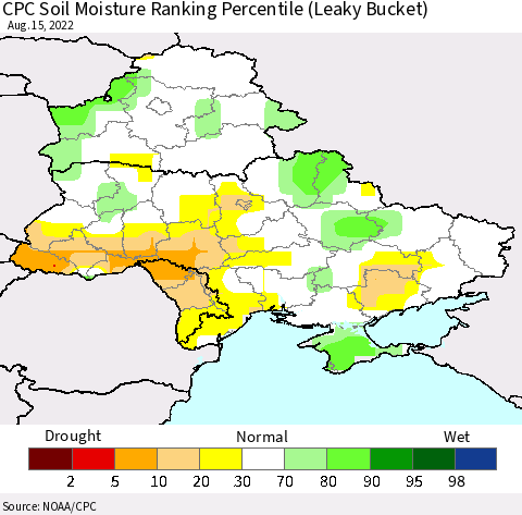 Ukraine, Moldova and Belarus CPC Calculated Soil Moisture Ranking Percentile Thematic Map For 8/11/2022 - 8/15/2022