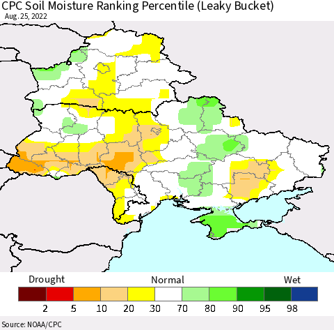 Ukraine, Moldova and Belarus CPC Soil Moisture Ranking Percentile Thematic Map For 8/21/2022 - 8/25/2022