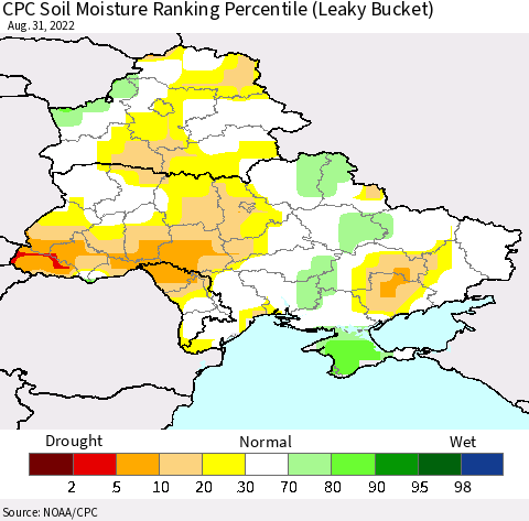 Ukraine, Moldova and Belarus CPC Calculated Soil Moisture Ranking Percentile Thematic Map For 8/26/2022 - 8/31/2022