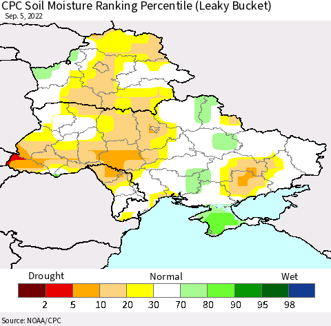 Ukraine, Moldova and Belarus CPC Calculated Soil Moisture Ranking Percentile Thematic Map For 9/1/2022 - 9/5/2022