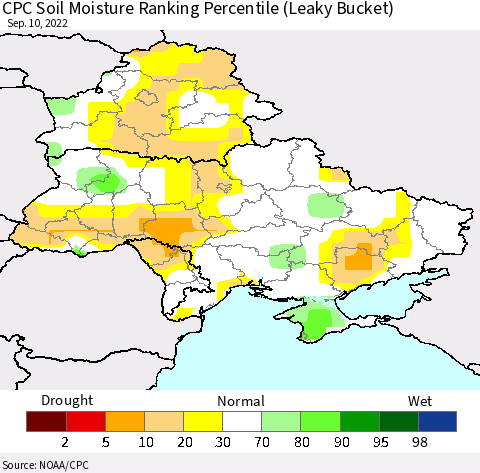 Ukraine, Moldova and Belarus CPC Soil Moisture Ranking Percentile Thematic Map For 9/6/2022 - 9/10/2022