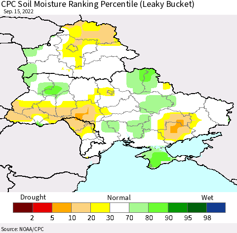 Ukraine, Moldova and Belarus CPC Soil Moisture Ranking Percentile Thematic Map For 9/11/2022 - 9/15/2022