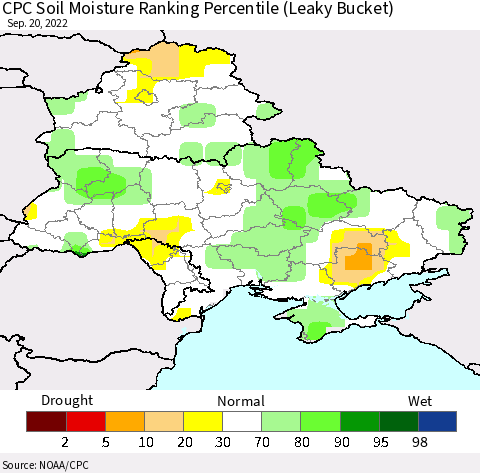 Ukraine, Moldova and Belarus CPC Calculated Soil Moisture Ranking Percentile Thematic Map For 9/16/2022 - 9/20/2022