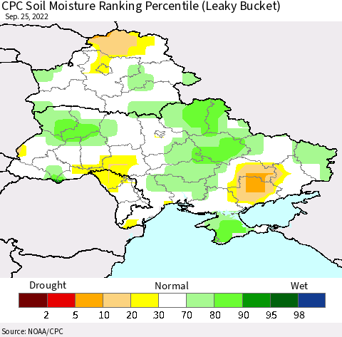 Ukraine, Moldova and Belarus CPC Soil Moisture Ranking Percentile Thematic Map For 9/21/2022 - 9/25/2022