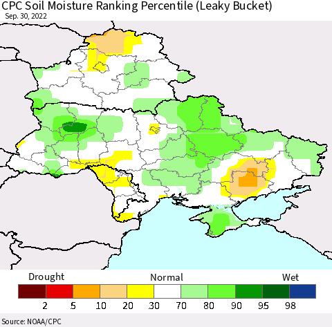 Ukraine, Moldova and Belarus CPC Calculated Soil Moisture Ranking Percentile Thematic Map For 9/26/2022 - 9/30/2022